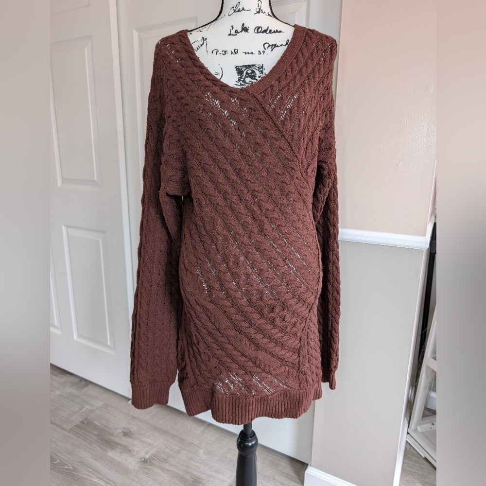 Free People Brown Cable Knit V-Neck Sweater Dress